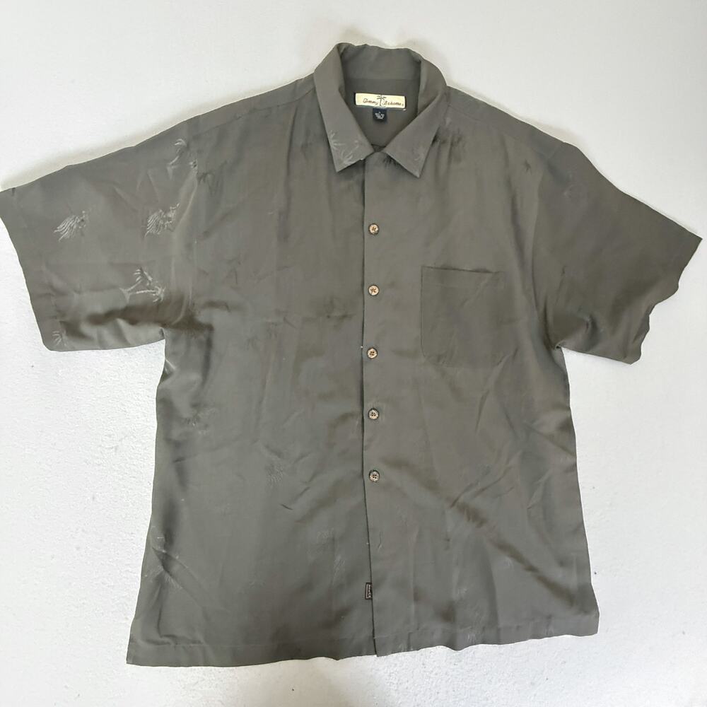 Tommy Bahama Mens L Olive Green 100% Silk Embroidered Camp Shirt Pocket